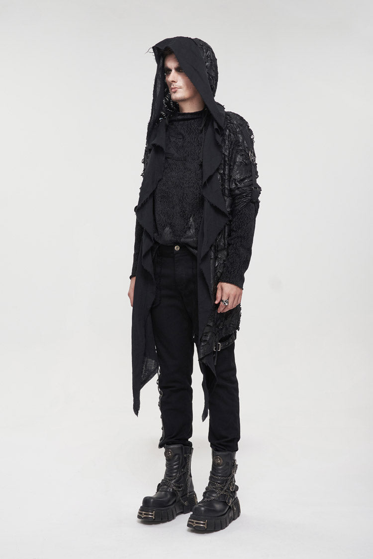Black Irregular Sharp Corner Hem Tattered Knitted Stitching Design Four Seasons Casual Men's Punk Jacket - Product - 3