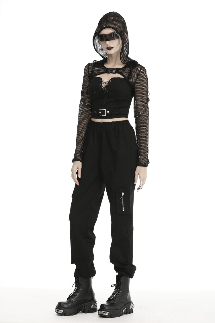 Black Long Sleeves Fishnet Mesh Women's Gothic Punk Hooded Cape - Product - 11