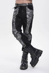 Grey Printed Cut-Out Spliced Color-Blocked Men's Punk Cool Pants - Product - 10