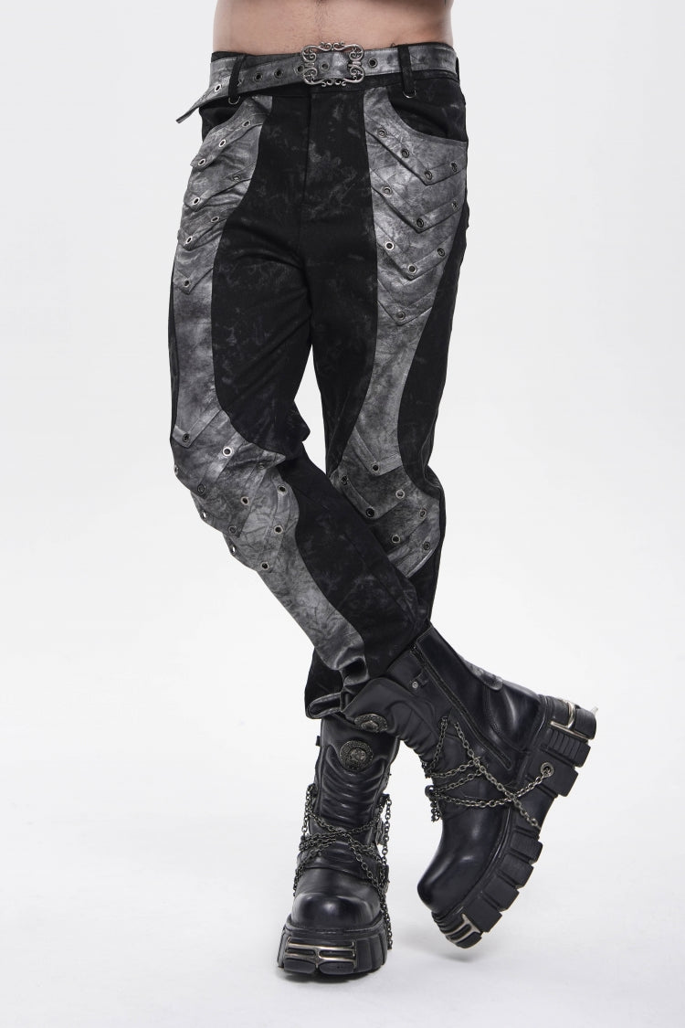 Grey Printed Cut-Out Spliced Color-Blocked Men's Punk Cool Pants - Product - 10
