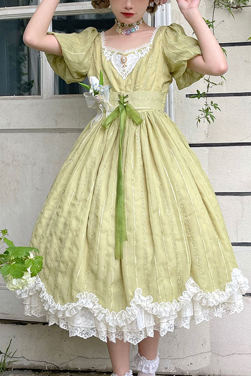 Green Elegant Vintage Square Collar Short Sleeves Multi-Layer Ruffled Classic Lolita OP Dress - Green - 1