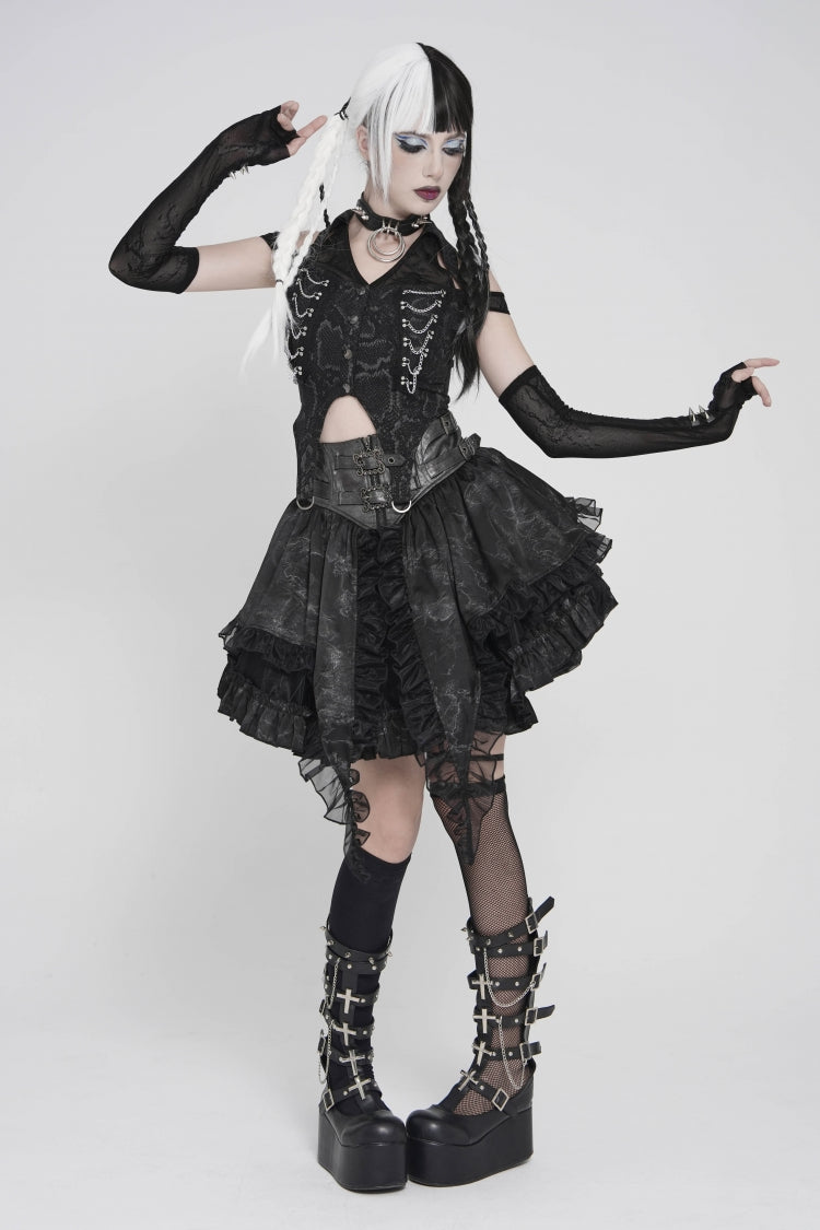 Black Off Shoulder Lace-Up Irregular Chain-Decorated Women's Punk Vest - Product - 5