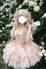 Pink [Flora Isle Butterfly] Sleeveless Ruffle Bowknot Lace Lace-Up Sweet Elegant Lolita Jsk Dress - Product - 4