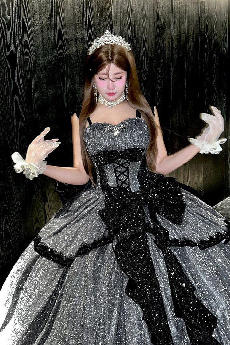 Grey [Galaxy of Fallen Tears] Sleeveless Glitter Series Ruffled Bow Asymmetric Sweet Lolita Jsk Dress - Product - 11