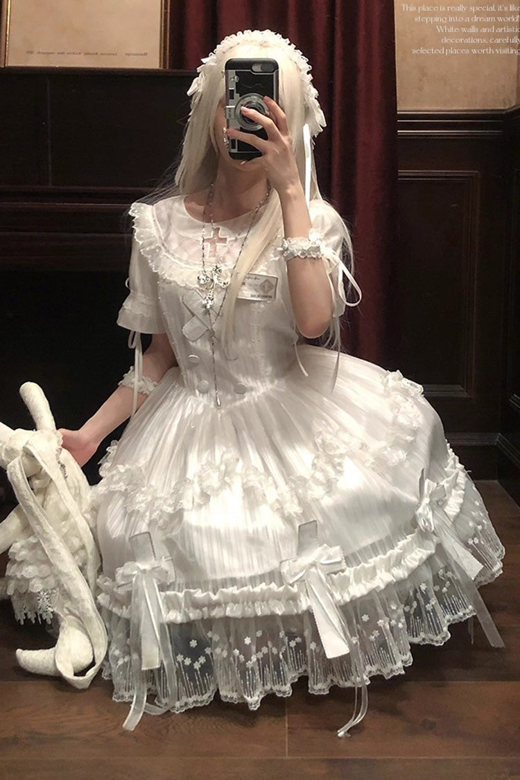 White Short Sleeves Ruffle Bowknot Lace Gothic Elegant Lolita Dress - Product - 6