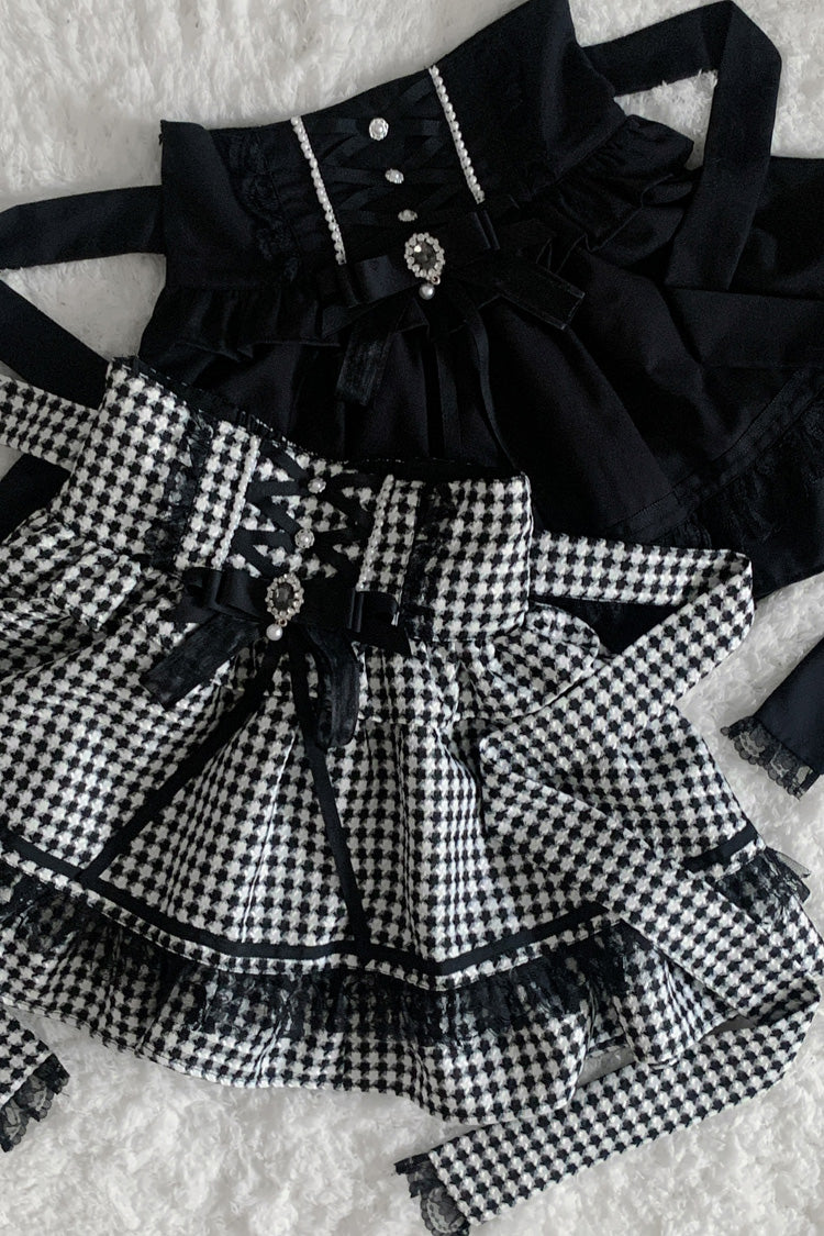 Black/White Houndstooth Print Ruffle Bowknot Lace Lace-Up Jirai Kei Japanese Skirt - Product - 4