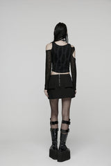 Black Lace-Up Zippered Women's Punk Cool  Big Pockets Techwear Skirt - Product - 3
