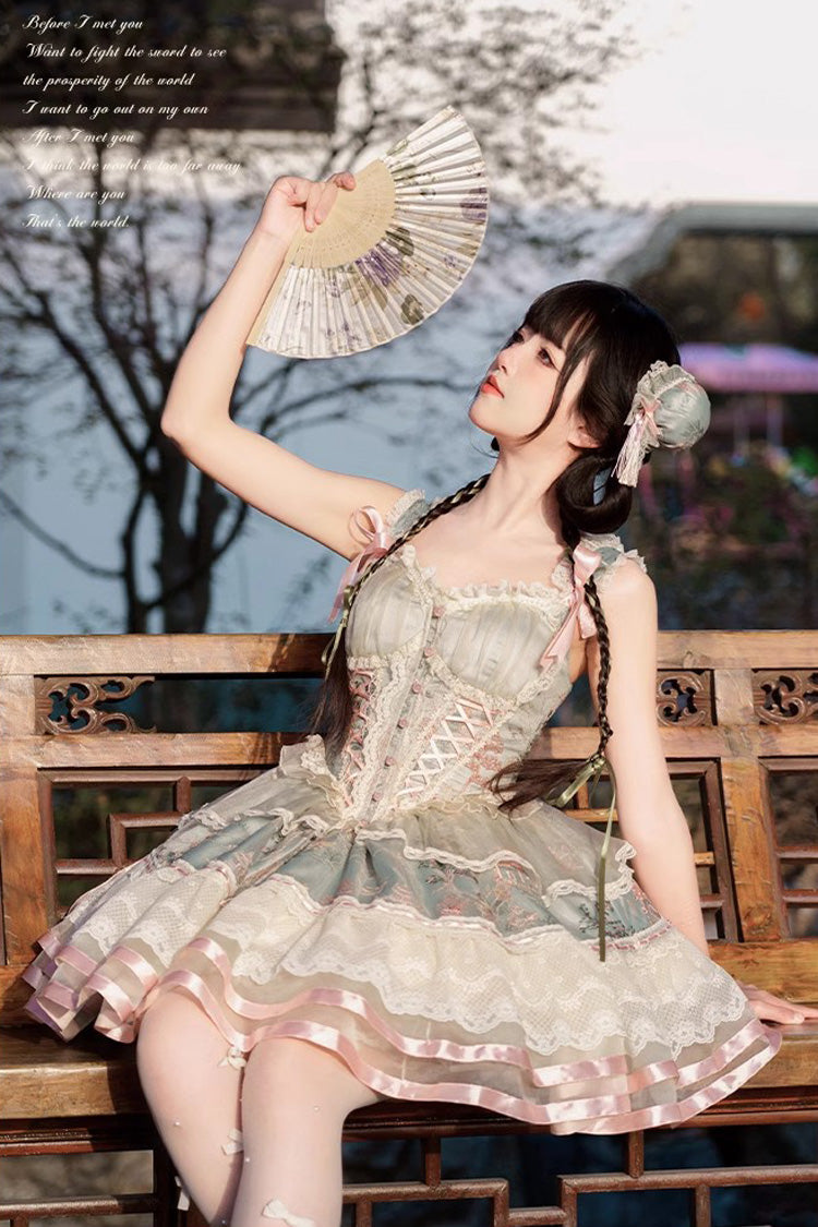 Green Waltz Multi-layer Print Ruffle Bowknot Sweet Chinese Style Elegant Lolita Jsk Dress - Product - 9