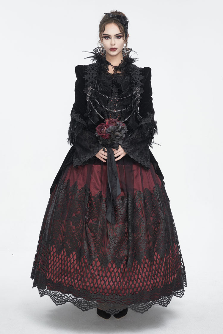 Red Off Shoulder High Waisted Print Lace Women's Gothic Dress - Product - 3