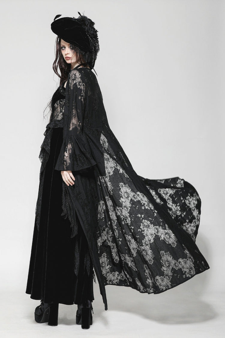 Black Long Flared Sleeves Lace Trimmed Lace-Up Women's Gothic Elegant Robe - Product - 2