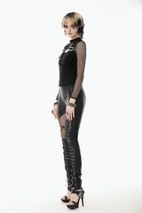 Black Cross Lace-Up PU Sheer Mesh Women's Gothic Punk Pants - Product - 8