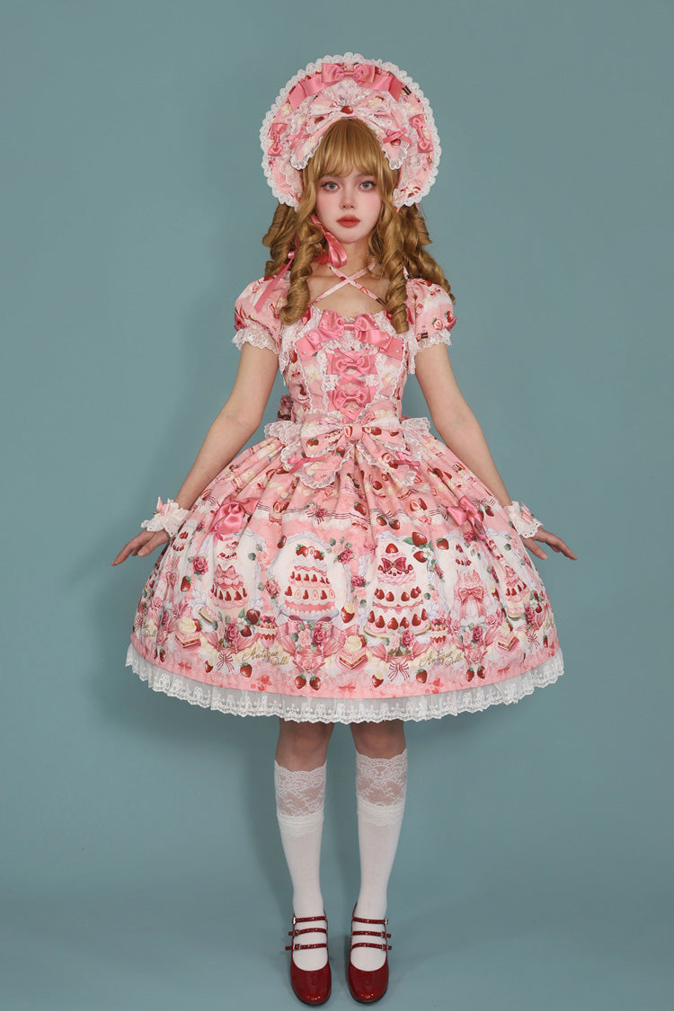 [Strawberry Cake Bouquet] Print Square Collar Short Sleeves Bowknot Lace Sweet Lolita Dress 3 Colors - Pink - 1