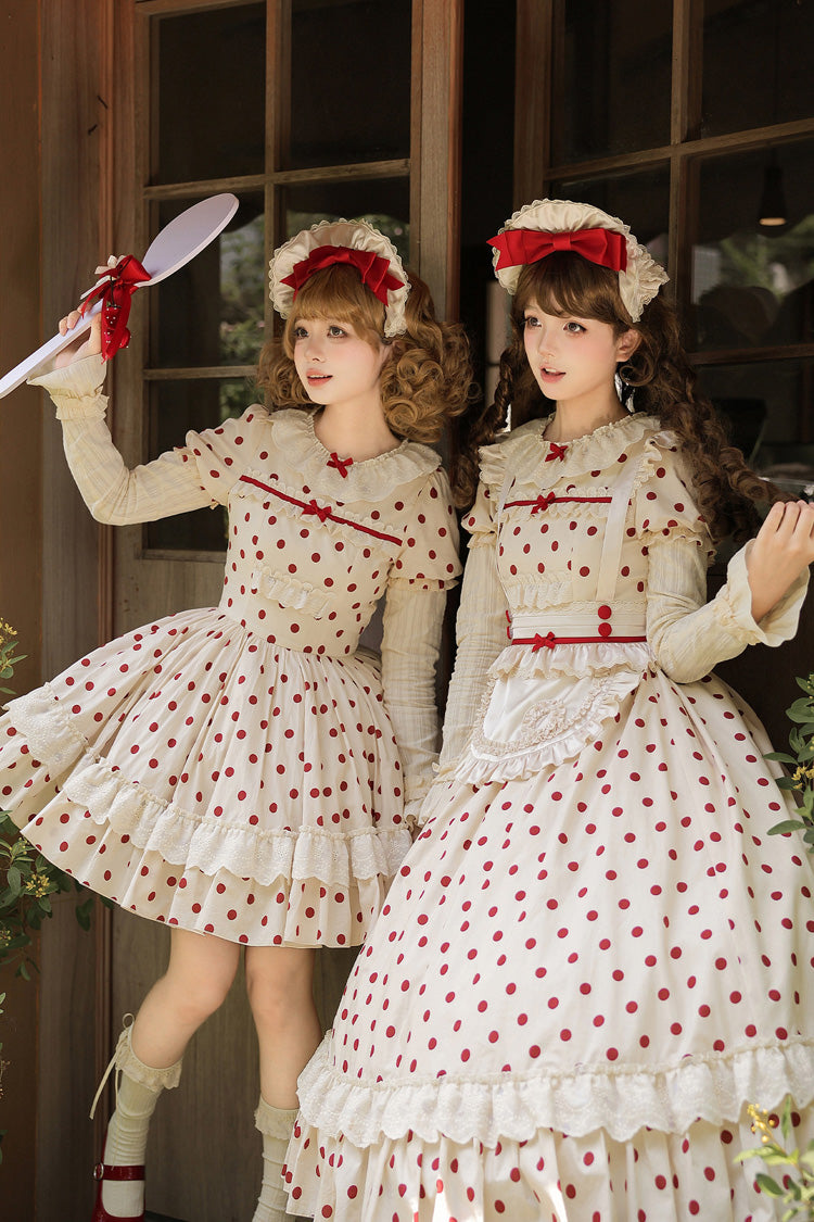 Apricot [Lollipop] Cotton Round Collar Long Lantern Sleeves Polka Dot Printed Ruffled Bow Lace Sweet Elegant Lolita Dress 2 Versions - Product - 15