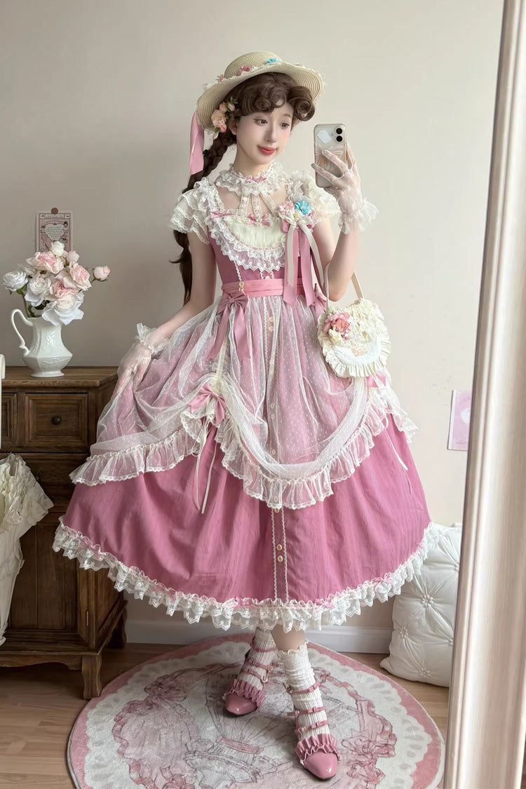 Rose Red [Sakura’s Spring Resonance] Sleeveless Ruffled Bow Sweet Lolita Jsk Dress (Long Version) - Product - 4