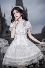 White Lapel Collar Short Sleeves Printed Ruffled Lace Classic Gothic Elegant Lolita Dress - Product - 9