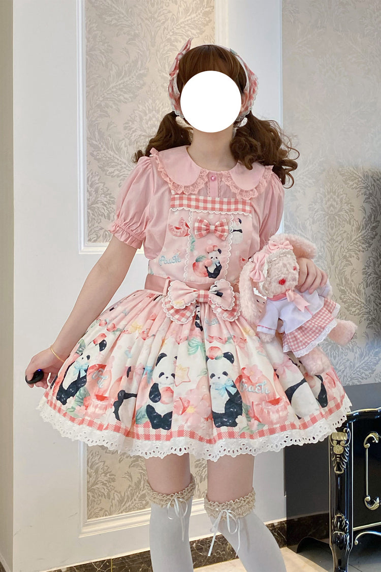 Panda Peach Print Bowknot Sweet Lolita Strap Dress 3 Colors - Pink - 1