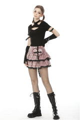 Pink Rock Heart Plaid Double-Layered Ruffled Women's Lolita Mini Skirt with Lace Hem - Product - 8