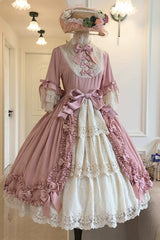 Pink [Lilica Garden] Lapel Collar Short Trumpet Sleeves Ruffled Open-Front Bow Lace Sweet Elegant Luxurious Lolita Dress - Product - 10