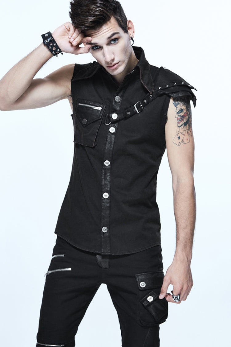 Black Sleeveless Twill One-Shoulder Armor Heat Seal Men's Punk Shirt - Product - 2