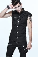 Black Sleeveless Twill One-Shoulder Armor Heat Seal Men's Punk Shirt - Product - 2