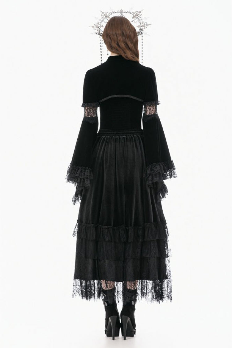 Black Keyhole Mandarin Collar Long Flare Sleeves Velvet Splice Lace Women's Gothic Shrug - Product - 4