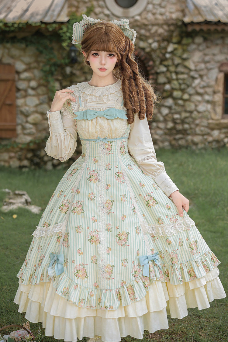 Green [An Encounter with Austin] Square Collar Short Sleeves Multi-Layered Rose Printed Ruffled Bow Lace Sweet Lolita Dress 2 Versions - Green(Long-Version) - 19
