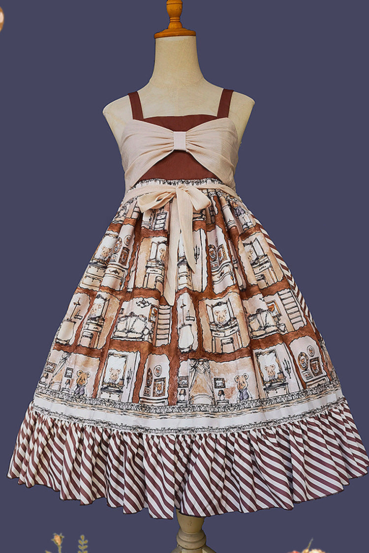 Brown [Underground Bear] Print Ruffle Bowknot Sweet Lolita Dress - Product - 9