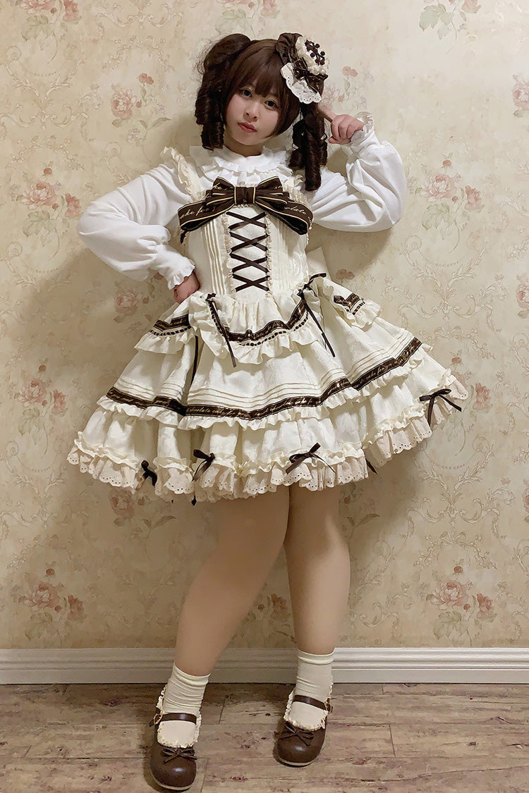 Ivory Chocolate Sleeveless Double-Layered Ruffle Bowknot Sweet Plus Size Lolita Jsk Dress - Product - 4