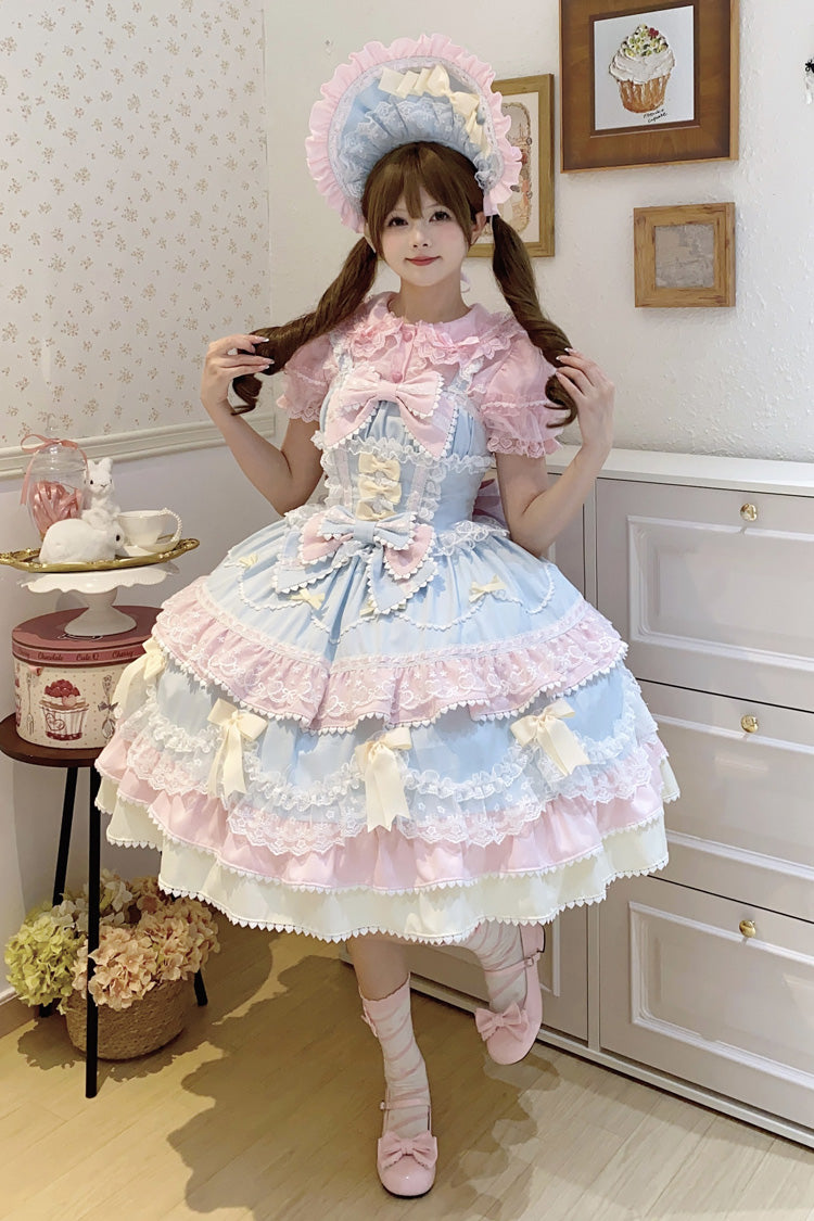 Blue/Pink [Fondant Cake] Sleeveless Multi-Layered Ruffle Bowknot Lace Sweet Lolita Jsk Dress - Product - 9