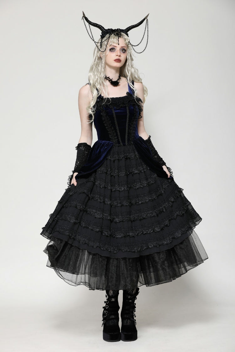 Black/Blue Sleeveless Multi-Layered Ruffled Lace Women's Lolita Gothic Slip Dress Wedding Dress - Black/Blue - 1