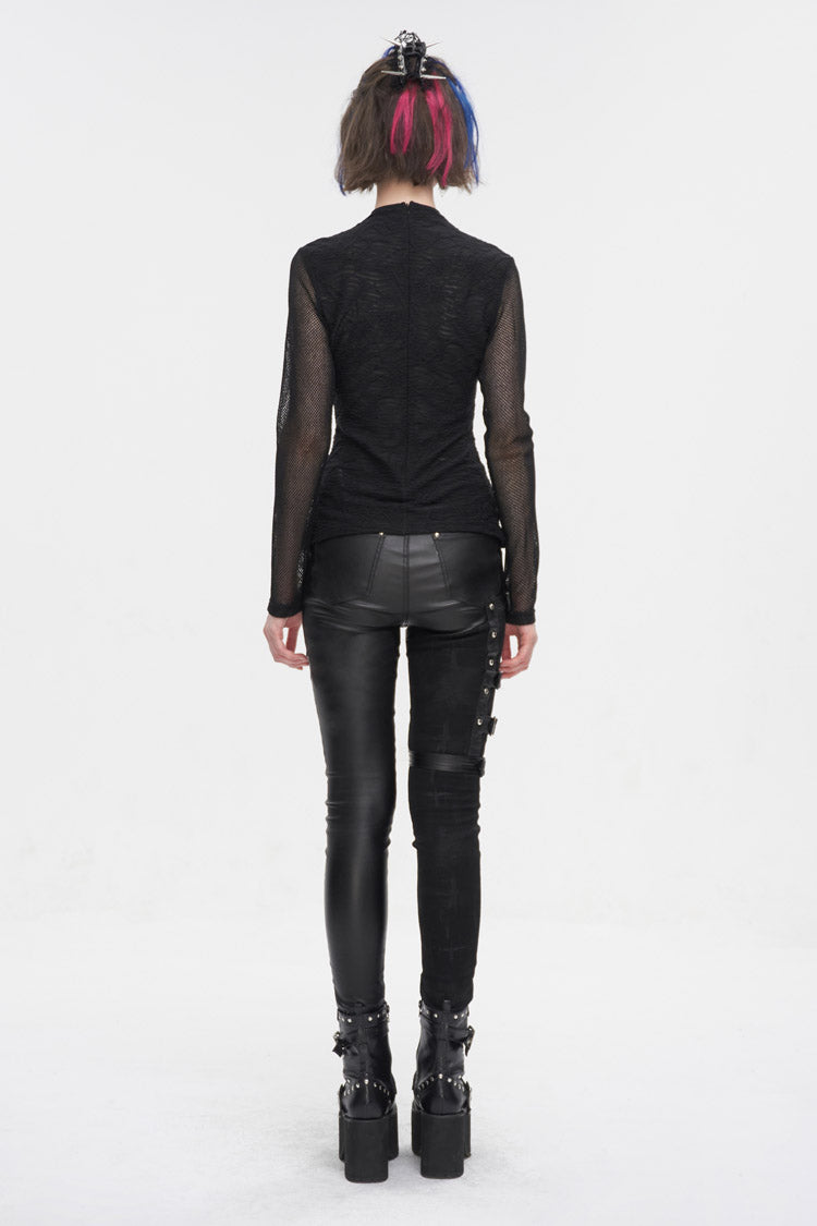 Black Strappy Mesh Splice Ruched Women's Punk Shirt - Product - 5