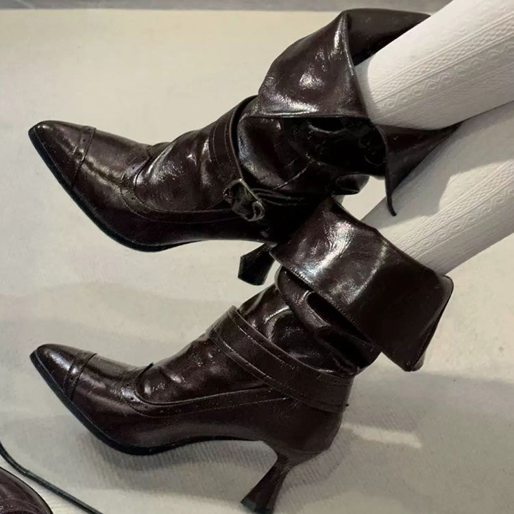 Retro Faux Leather Pointed Toe High Heel Lolita Boots 3 Colors - Dark-Brown - 1