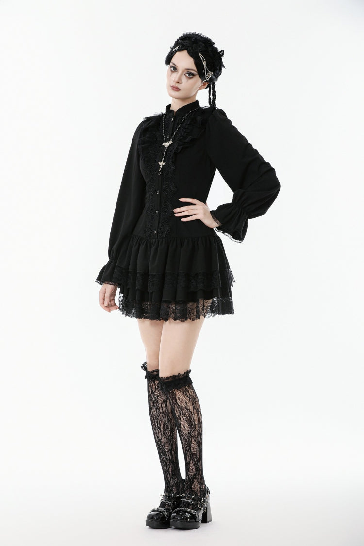 Black Long Bishop Sleeves Double-Layered Lace Hem Lace-Up Women's Gothic Dress - Product - 11