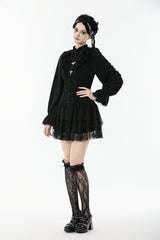 Black Long Bishop Sleeves Double-Layered Lace Hem Lace-Up Women's Gothic Dress - Product - 11