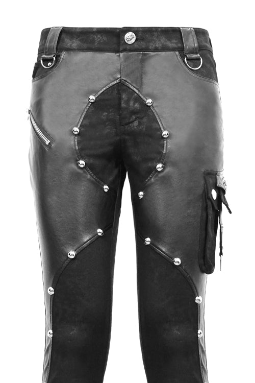 Black Patchwork Asymmetric Rivet Studded Punk Leather Mens Pants - Product - 5