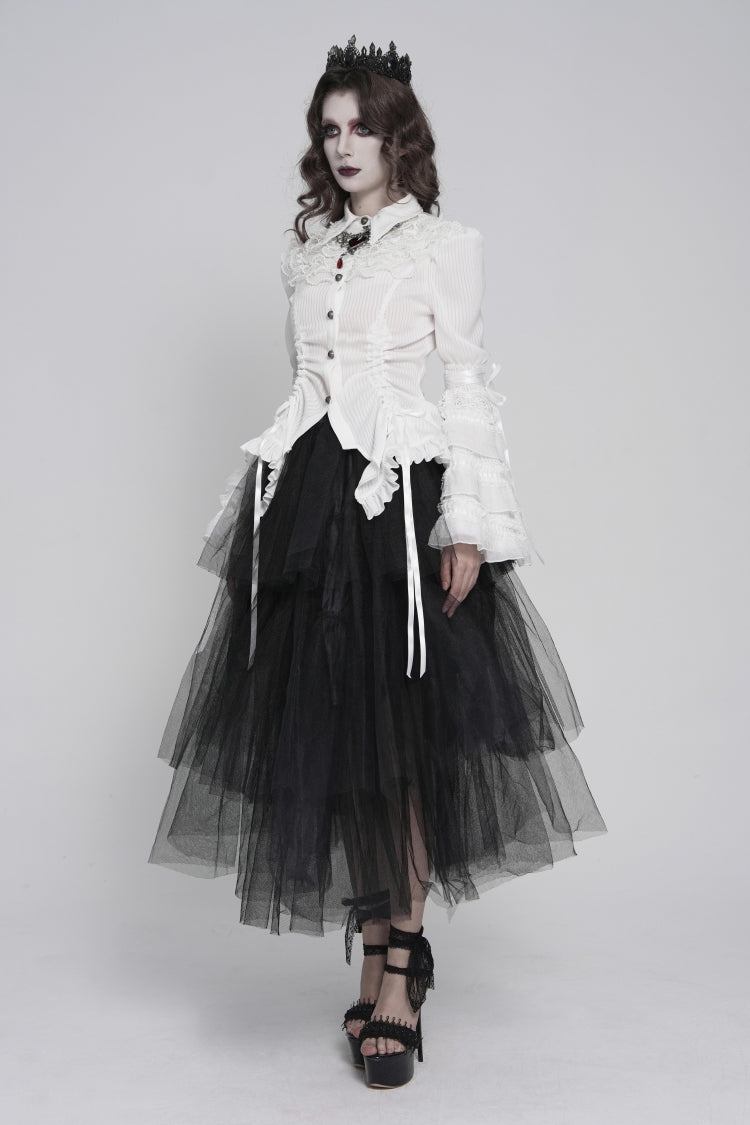 White Lapel Collar Long Trumpet Sleeves Lace Lace-Up Slim Women's Gothic Blouse - Product - 2