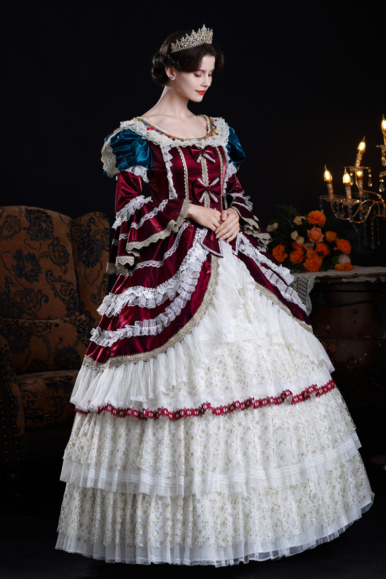 Wine/Ivory Round Collar Long Hime Sleeves Triple-Layered Ruffled Open-Front Bow Lace Classic Vintage Palace Lolita Victorian Dress - Product - 4