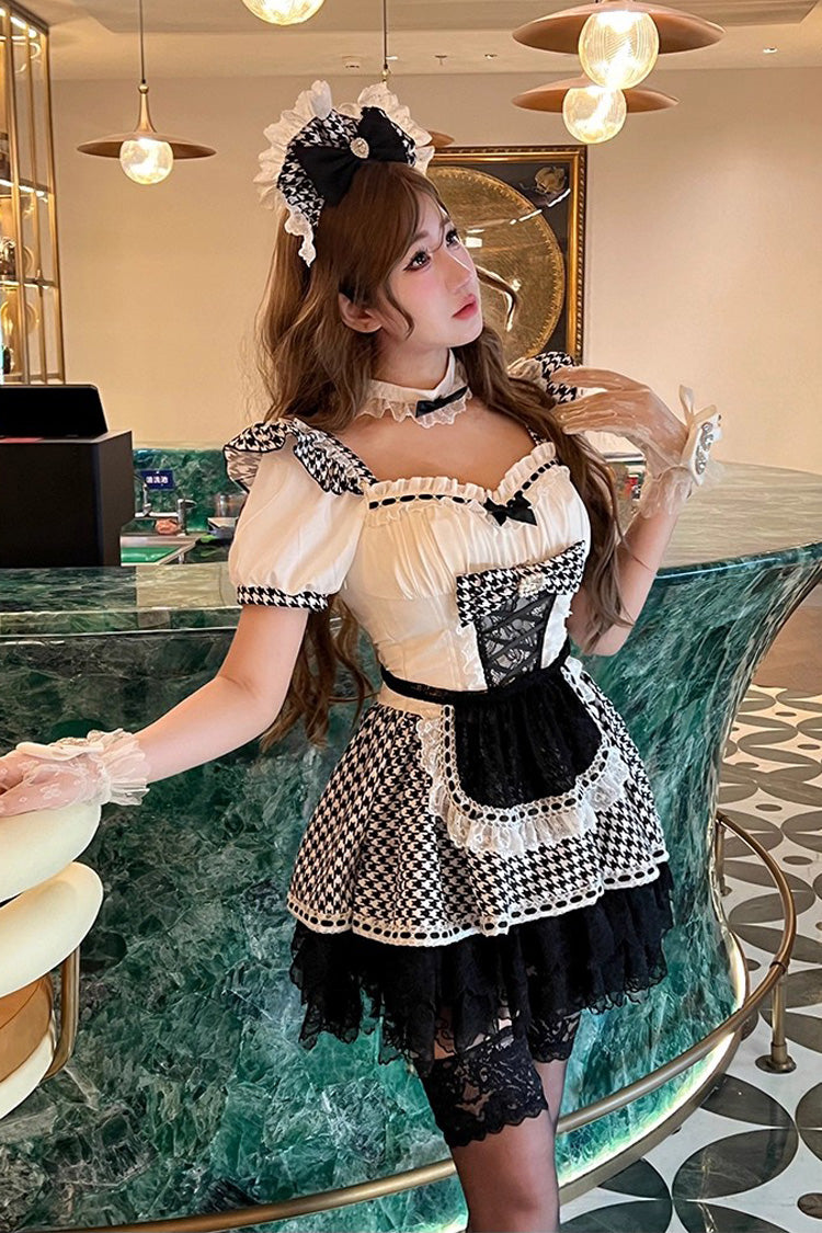 Black/White [Lovely Houndstooth] Square Collar Short Sleeves Print Ruffle Bowknot Lace Maid Sweet Lolita Dress - Product - 5