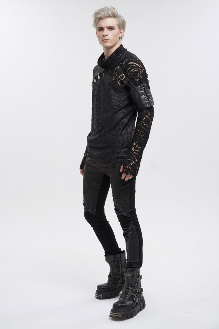 Black Fashion Printed Fabric Stitching Ripped Mesh Detachable Long Sleeve Men's Punk T-Shirt - Product - 5