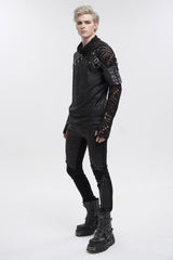 Black Fashion Printed Fabric Stitching Ripped Mesh Detachable Long Sleeve Men's Punk T-Shirt - Product - 5