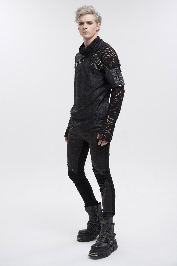 Black Fashion Printed Fabric Stitching Ripped Mesh Detachable Long Sleeve Men's Punk T-Shirt - Product - 5