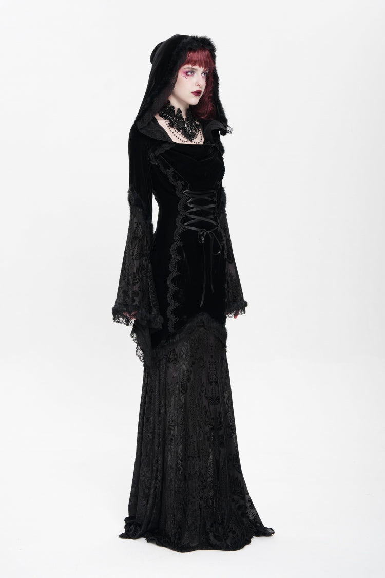 Black Long Trumpet Sleeves Embroidery Stitching Lace Hooded Mesh Women's Gothic Dress - Product - 2