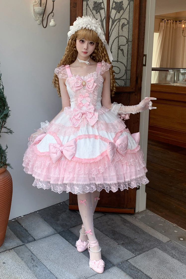 White/Pink [Flower Dream Isle] Square Collar Multi-Layered Ruffled Bow Lace Sweet Lolita Jsk Dress - Product - 5