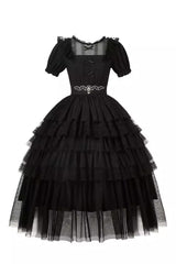 Black Twin Ivory Towers Short Sleeves Five-Layered Ruffle Gothic Lolita Dress - Product - 3
