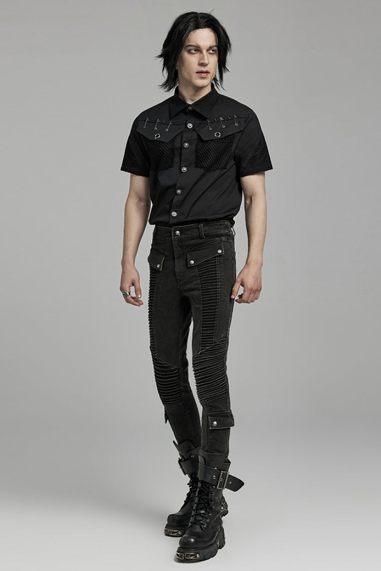 Black Multi-pockets Pleated Men's Punk Pants - Product - 4