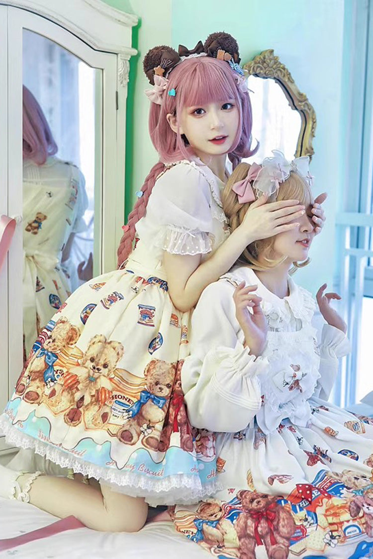 Honey Bear Cafe Print Bowknot Lace Sweet Lolita Jsk Dress 2 Colors - Product - 5
