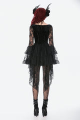 Black Trumpet Sleeves Multi-Layered Lace Velvet Embroidered Lace-Up Women's Gothic Dress - Product - 4