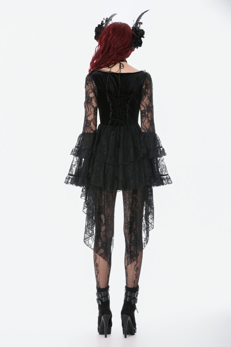 Black Trumpet Sleeves Multi-Layered Lace Velvet Embroidered Lace-Up Women's Gothic Dress - Product - 4