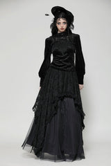 Black Ruffled Turtleneck Bishop Long Sleeves Floral Lace Patchwork Velvet Women's Gothic Blouse - Black - 1