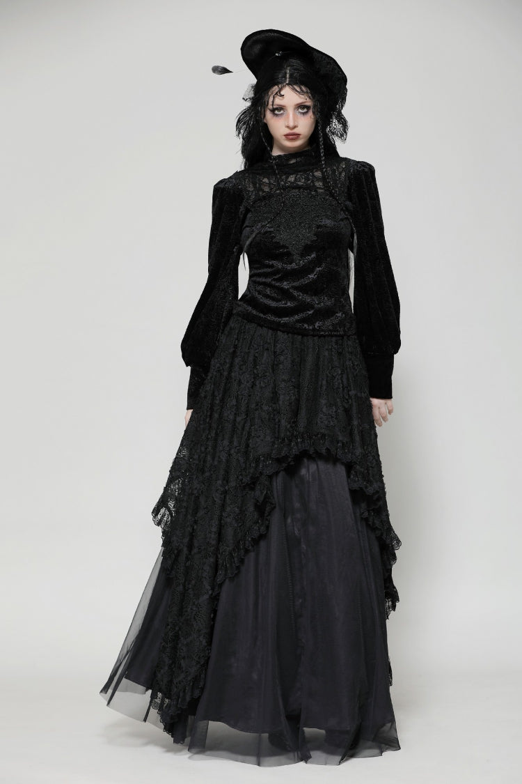 Black Ruffled Turtleneck Bishop Long Sleeves Floral Lace Patchwork Velvet Women's Gothic Blouse - Black - 1